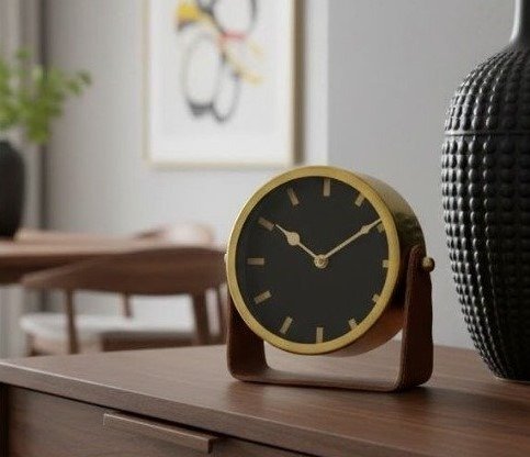 Producto - Reloj De Mesa De Cuero Y Acero Inoxidable Alto 17 cm