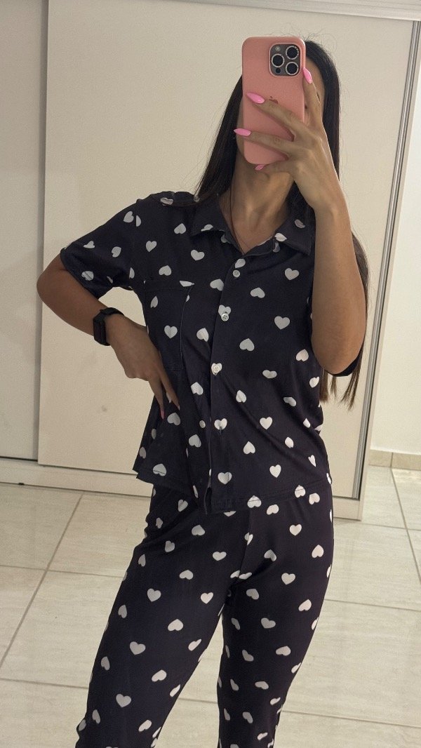 Producto - Camisero modal soft - Negro Corazones Blancos