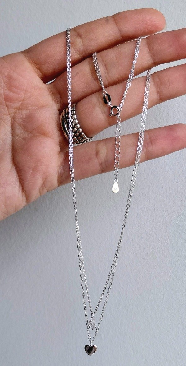 Producto - Collar de Plata Doble con Dijes Corazon y Cubic Estrella (45cm más alargue) - 1