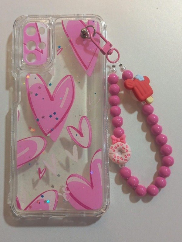 Producto - Funda Transparente Diseño Con Glitter y Cadena Corazon para Moto G22
