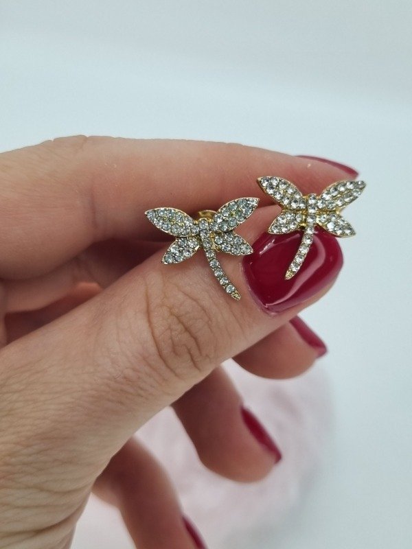 Producto - Aros acero dorado pasante libelula strass med