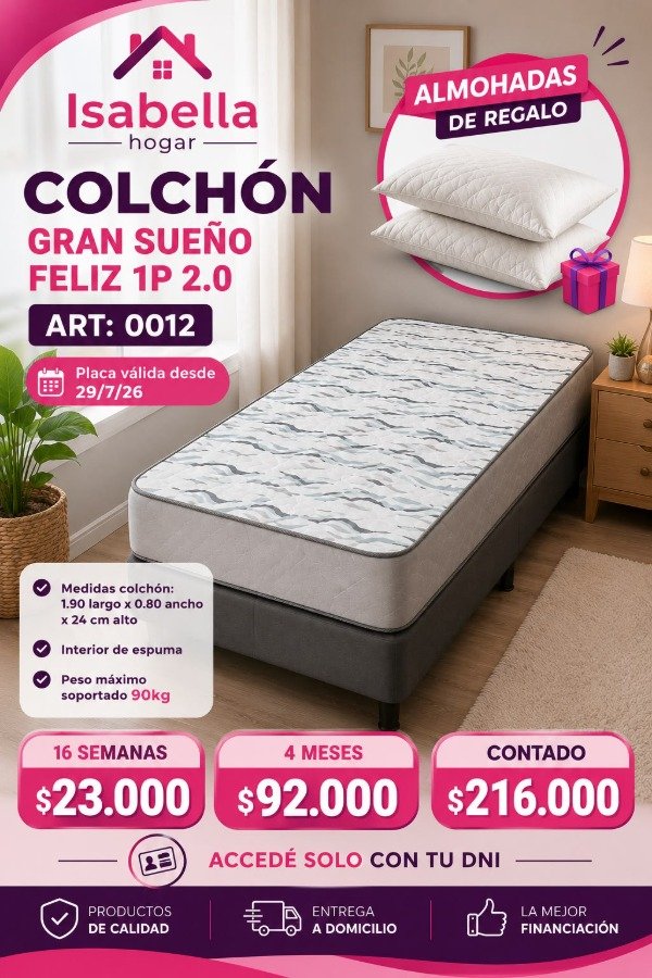 Producto - COLCHON GRAN SUEÑO FELIZ 1P 2.0+2 ALMOHADAS DE REGALO