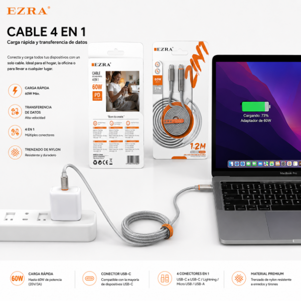 Producto - Cable 2En1 Carga Rápida Notebook IPhone Android 60w Tipo C Y 27w Iphone DC408. - 2