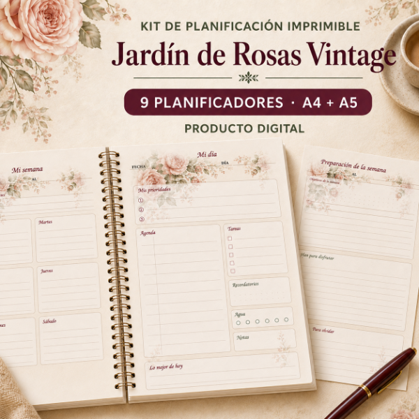 Producto - Kit de planificación imprimible Jardín de Rosas Vintage - A4 y A5 - 0