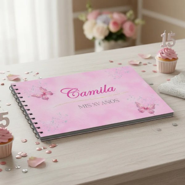 Producto - Kit Imprimible Libro De Firmas Mis 15 Años Mariposas Rosas