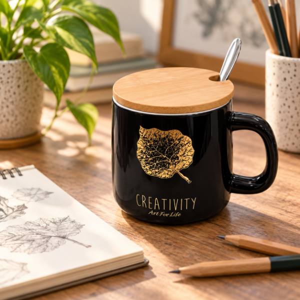 Producto - TAZA DE CERAMICA CON TAPA DE BAMBÚ  Y CUCHARA DISEÑO DORADO SURTIDO 300ML - 4