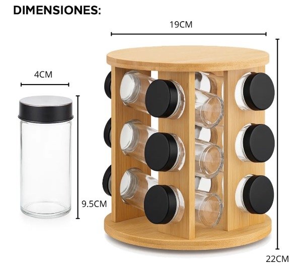 Producto - Especiero Giratorio 12 Frascos Madera De Bambu - 1