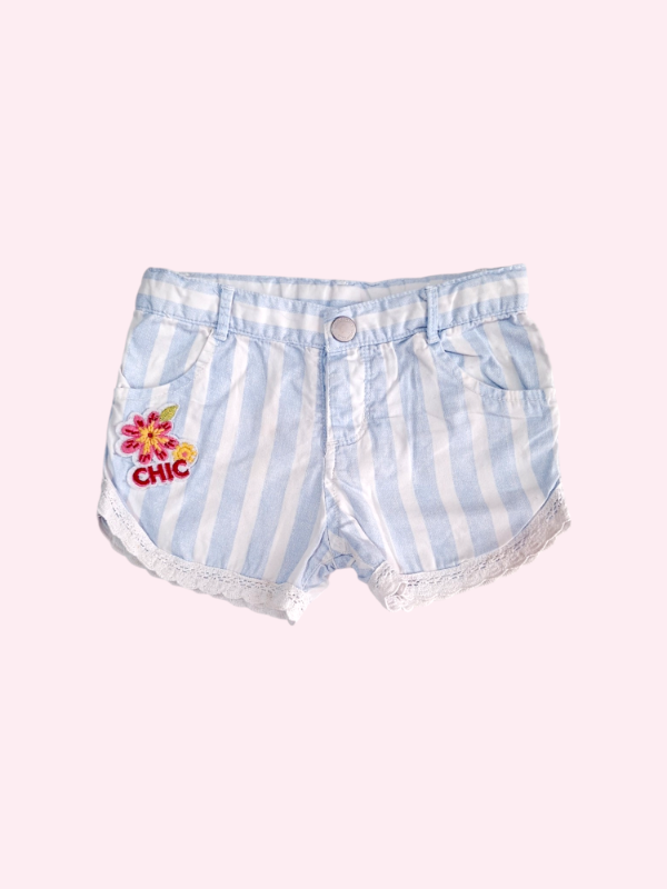 Producto - Short de jean rayado blanco con celeste y flor Mimo 18/24 meses