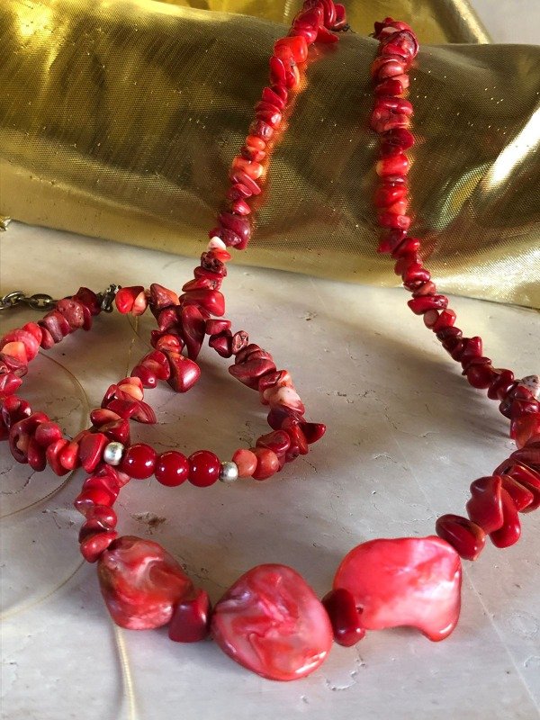 Producto - Promo Collar y pulsera coral rojo y nácar