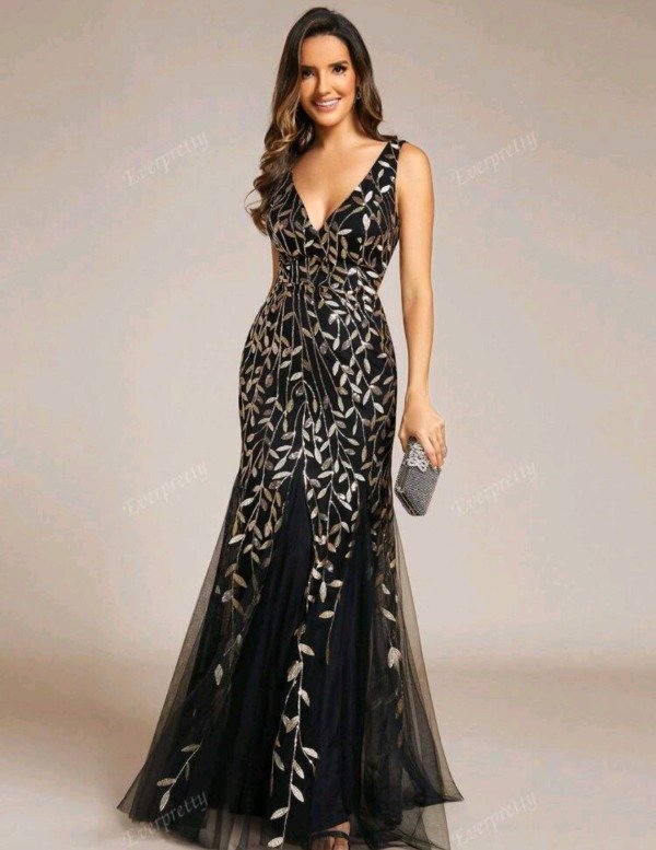 Producto - Elegante Vestido Gals Sirena Tul con hojas de lentejuelas