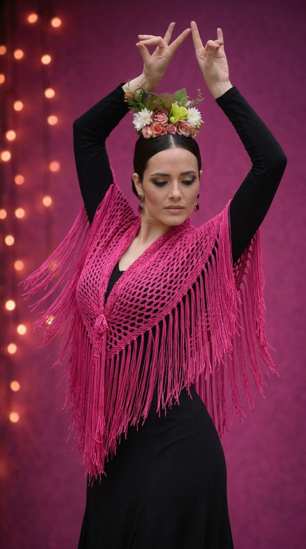 Producto - Mantoncillo Triangular Tejido Con Flecos De Seda Fucsia PRE VENTA