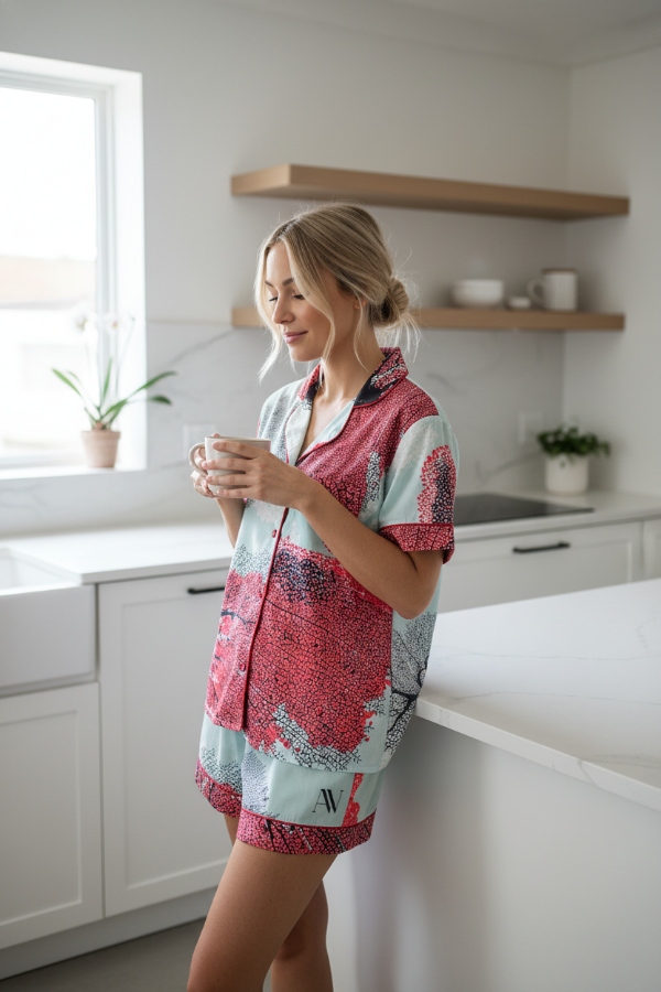 Producto - set piyamero verano 2 piezas coral celeste y rojo