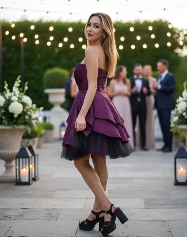 Vestido corto con capas strapless tafetán — imagen 8