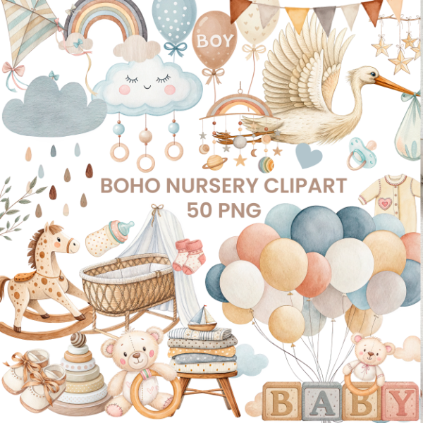 Producto - Baby Shower Clipart - Boho Nursery - Imágenes PNG - INF01