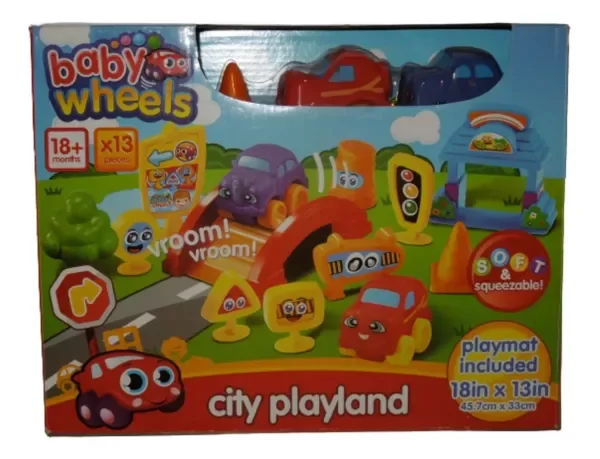 Producto - Baby Wheels City Playland Playset De Autos De Goma + Puente + Lamina