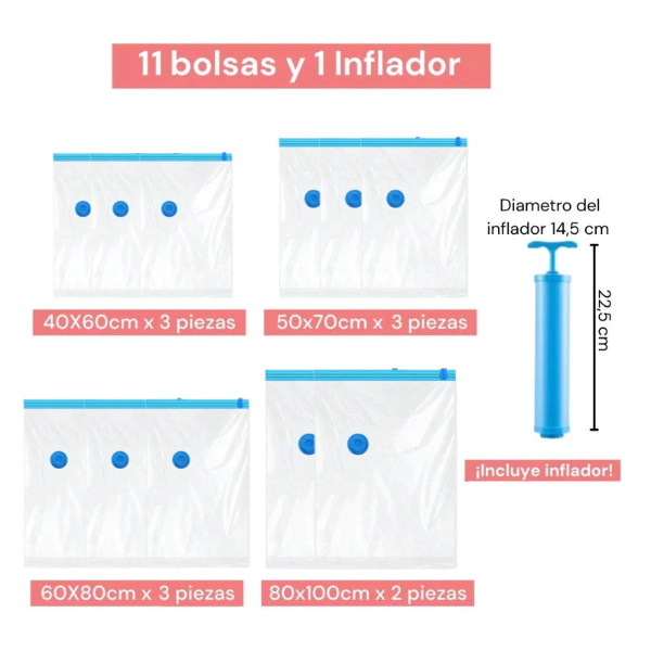 Producto - SET DE 11 BOLSAS DE COMPRESIÓN AL VACÍO, VARIOS TAMAÑOS - CON BOMBA SACA AIRE - 3