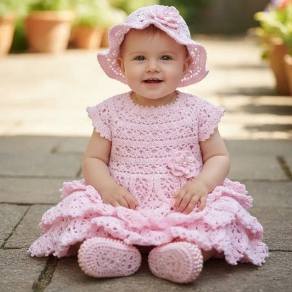 Producto - Conjunto Ornella rosa 3-6 m tejido a crochet