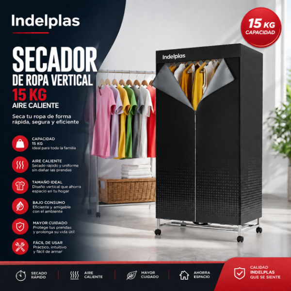 Producto - SECADOR DE ROPA VERTICAL 15KG AIRE CALIENTE INDELPLAS 1050W