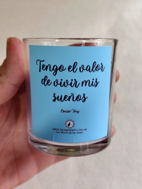 Producto - VELA "TENGO EL VALOR DE VIVIR MIS SUEÑOS" - Con cuarzo rosa, amatista. 250ml - 2