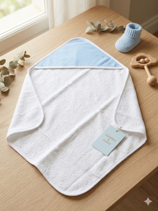Producto - Toallón Para Bebé con Capucha Celeste  y Ribete Blanco