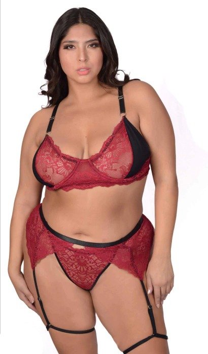 Producto - Conjunto Lenceria de Encaje 3 Piezas Corpiño Tanga Portaliga Plus Size - 0