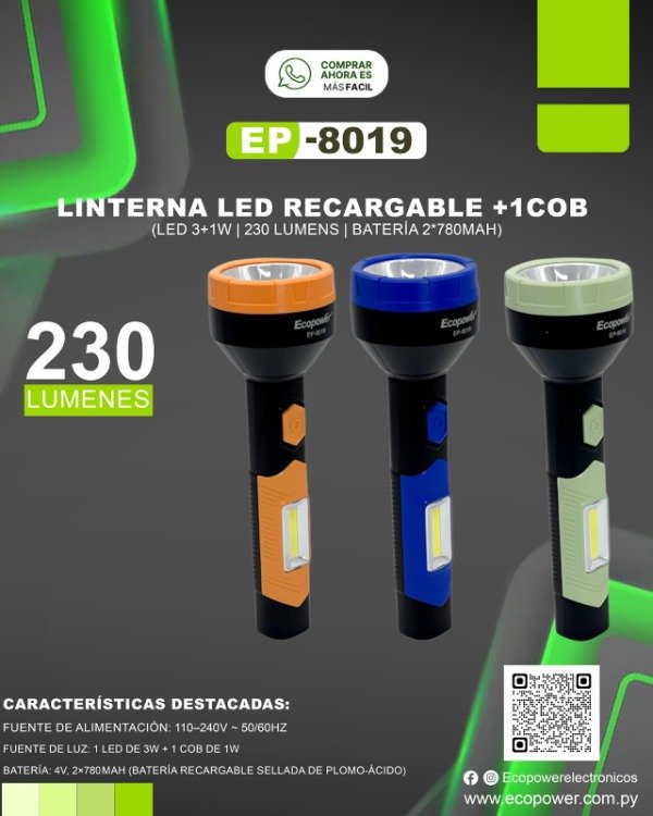 Producto - LINTERNA LED RECARGABLE ECOPOWER 8019 230 LUMENS
