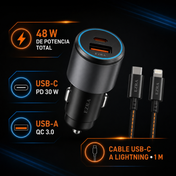Producto - Adaptador Metalizado de Auto + Cable TPC-IOS - USB-TPC  48W PD30-QC3.0 EZ-E01. - 1
