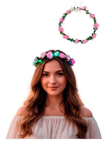 Producto - Corona de Hojas con Flores Chicas Luminosa Rosa