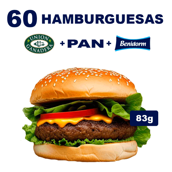 Producto - 60 Hamburguesas De Carne UNION GANADERA de 83g + Pan + Ade