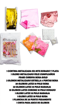 Producto - SET GUIRNALDA GLOBOS C/CORTINA METAL. FELIZ CUMPLEAÑOS CHROME ROSA DORADO 58PCS
