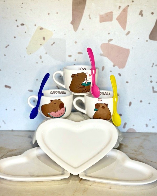 Producto - Kit N14 Capybara II "3 Taz. Blancos + 3 Band. Corazón + 3 Cucharitas"