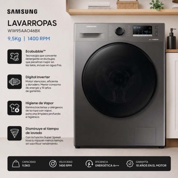 Producto - LAVARROPAS SAMSUNG 9,5 KG INVERTER 1400 RPM INOX - WW95AA046BX