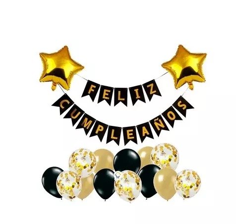 Producto - KIT GLOBOS NEGRO/DORADO PREMIUM BANDERIN FELIZ CUMPLE 18 PIEZAS X1