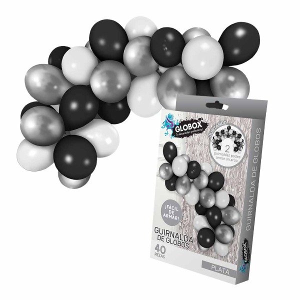 Producto - GUIRNALDA DE GLOBO GLOBOX 12" ( BLANCO-PLATA-NEGRO) X1