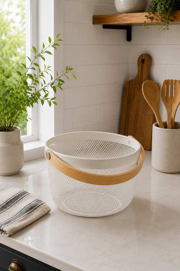 Producto - Canasto Metálico con Manija de Bambú  30 x 21 cm