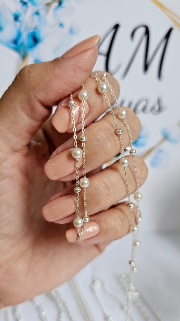 Producto - Cadena con bolotas y perlas 45-50cm. Acero Blanco