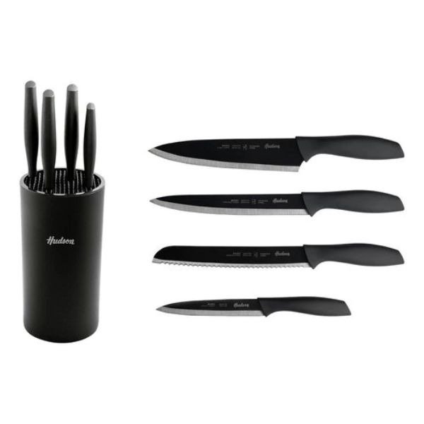 Producto - Set de 4 Cuchillos de Acero Inoxidable Con Taco Soporte Color Negro