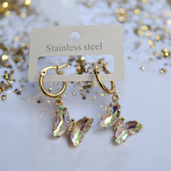 Producto - Aros dorados mariposa blanca tornasol