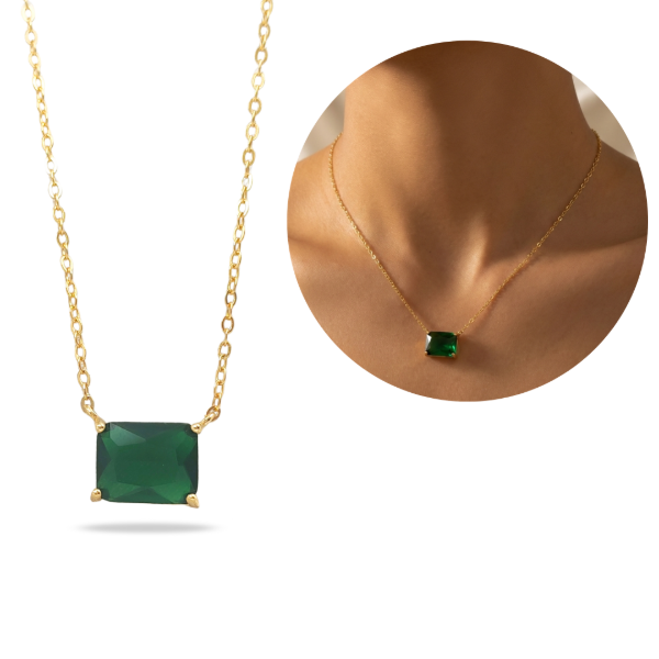 Producto - Conjunto Plata 925 Dorada Cadena y Dije Verde Esmeralda