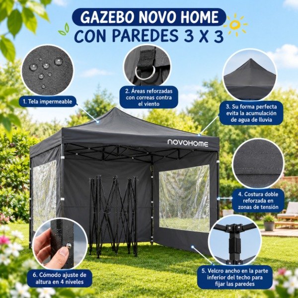 Producto - GAZEBO NOVO HOME CON PAREDES 3 X 3 - GRIS - 0