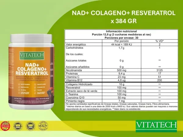 Producto - NAD + Colágeno + Resveratrol x 384 g Frutos del Bosque - VITATECH - 1