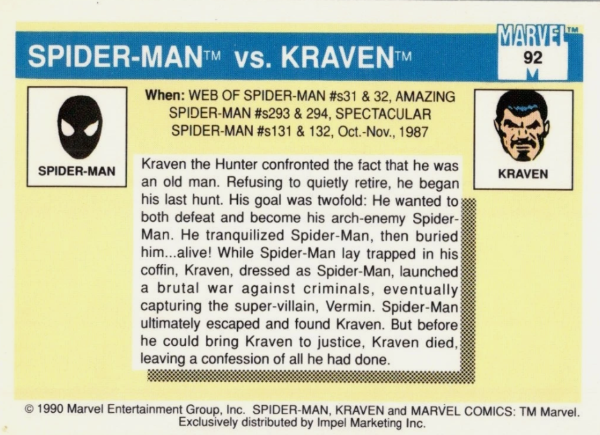 Producto - 1990 Impel Marvel Universe  #92 - Spider-Man vs. Kraven FB - 1