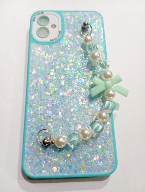 Producto - Funda Glitter y Cadena Celeste para Samsung A04