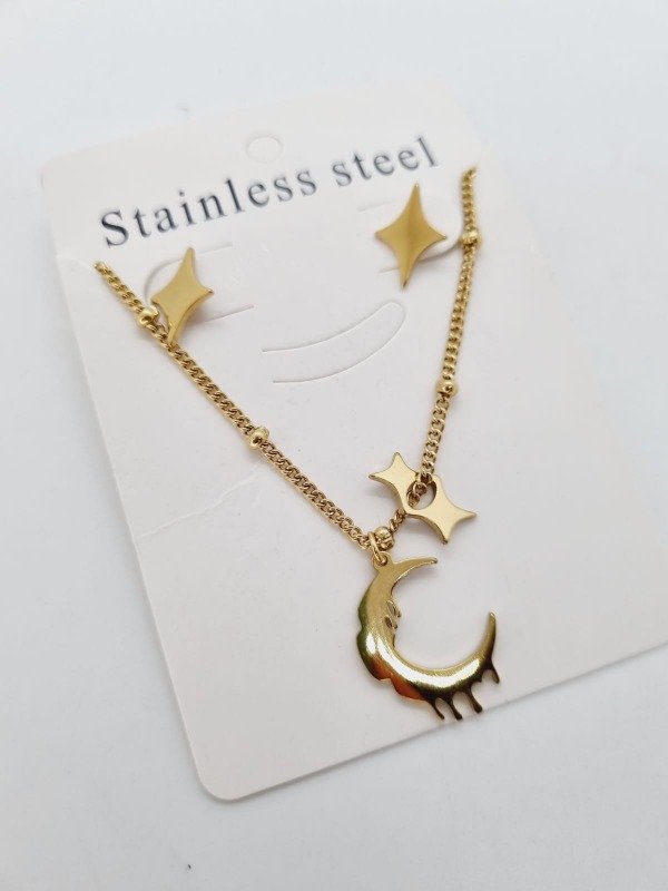 Producto - Set acero dorado cadena + aritos luna derr destellos