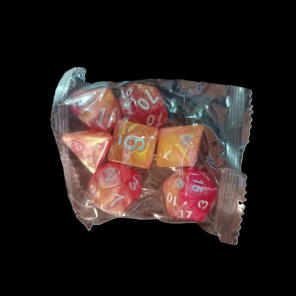 Producto - Set de 7 Dados - Rojo y Dorado Marmolado con Purpurina