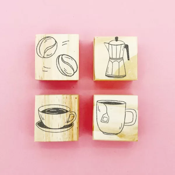 Producto - Cafecito kit sellos de silicona en taco de madera 3 x 3 cm