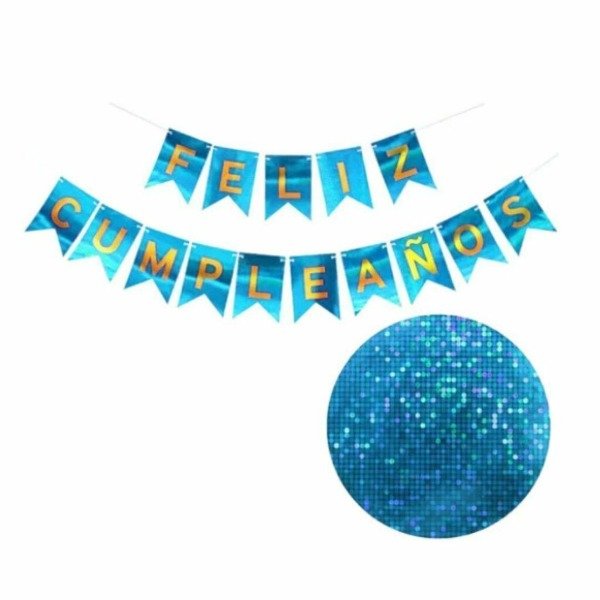 Producto - Banderin Feliz Cumpleaños holografico celeste