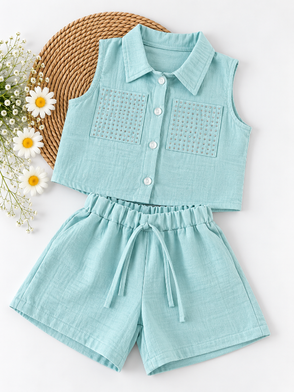 Producto - CONJUNTO GIANNA CELESTE (CAMISA + SHORT)