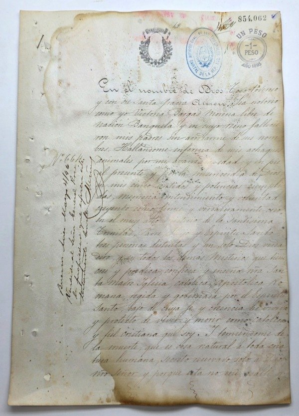 Producto - Testamento Notarial (1895) "Libre de Nación Benguela" / Inmueble Julio A. Roca - 0