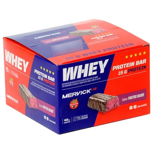Producto - Whey Protein Bar Mervick x 12 U 46 Gr - Caja sabor  Frutos Rojos
